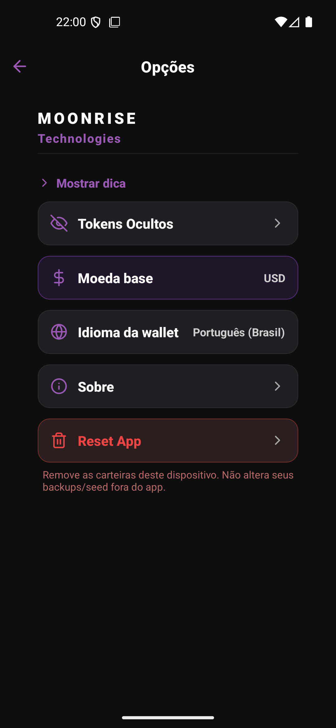 MoonRise Wallet – tela