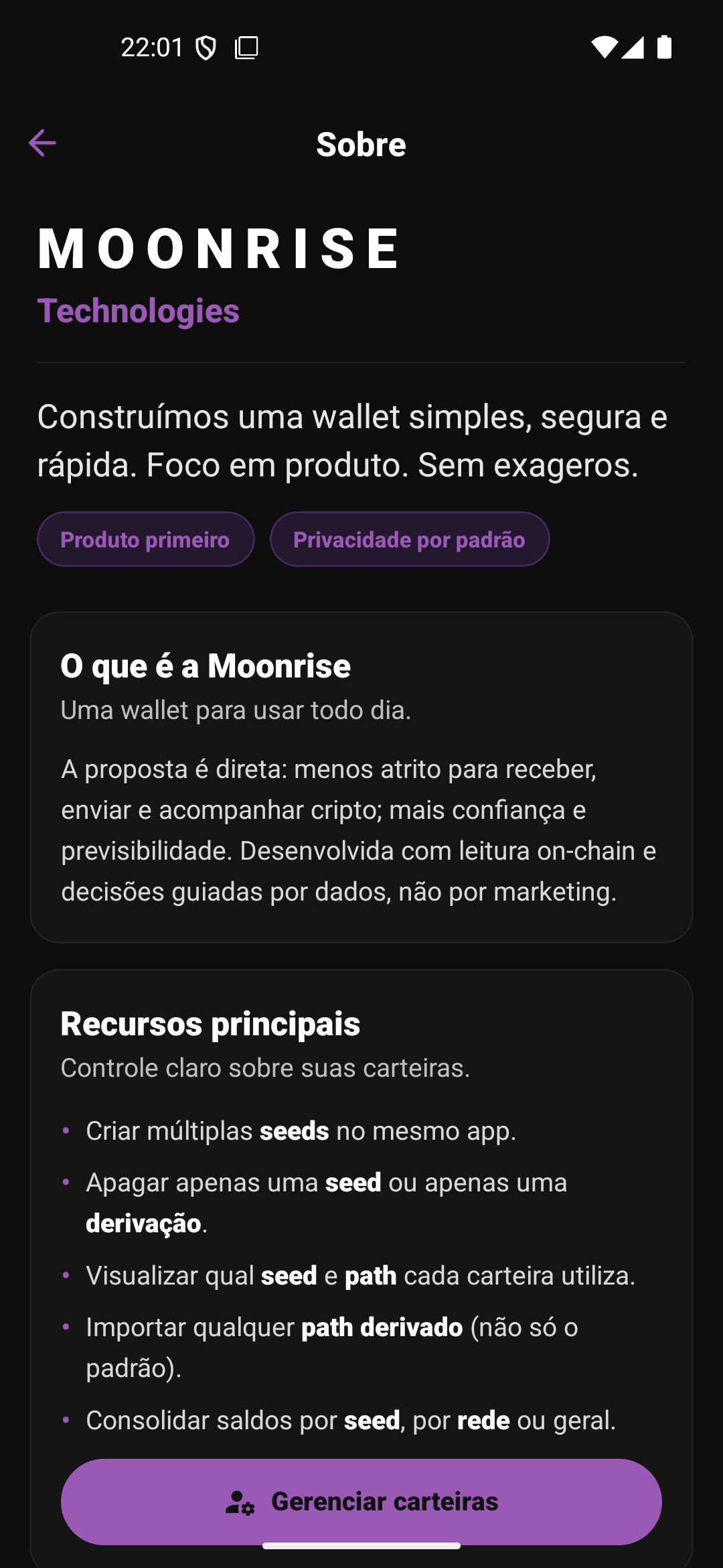 MoonRise Wallet – tela